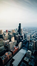 city buildings and skyscrapers from aerial view